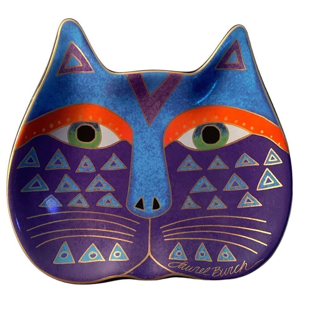 Laurel Burch Blue Purple Orange Cat Face Trinket Dish